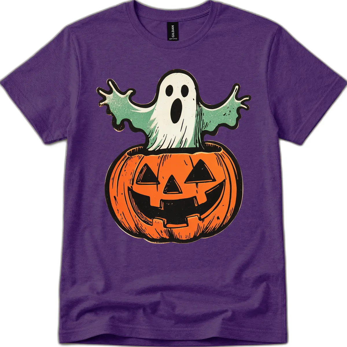 Spooky Ghost Peeking From Pumpkin T-Shirt in Purple