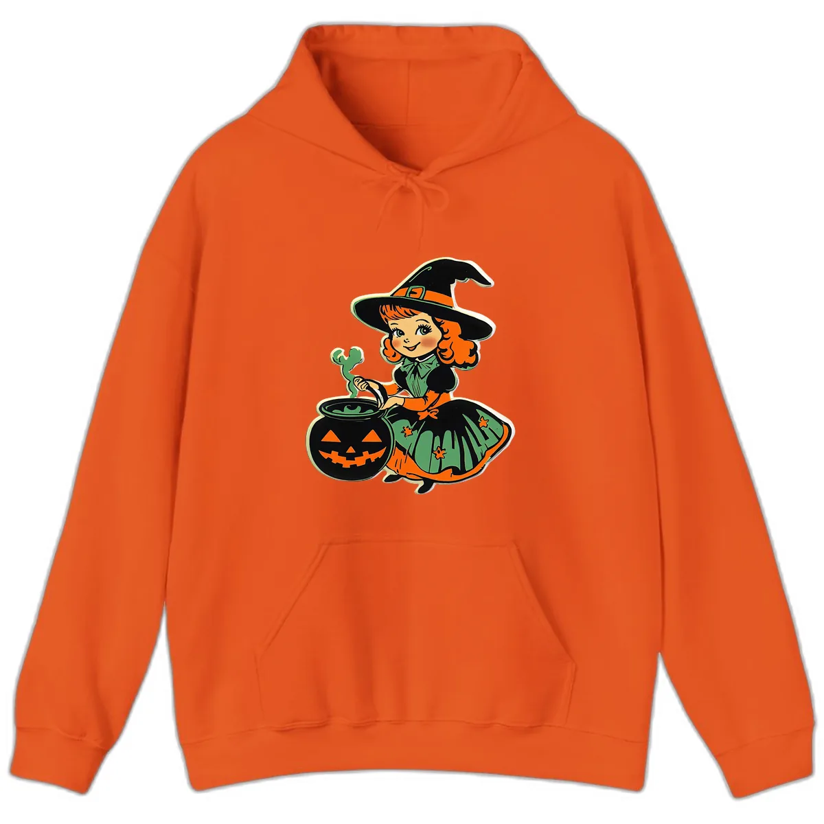 Cute Little Witch Brewing Potion Hoodie in Orange