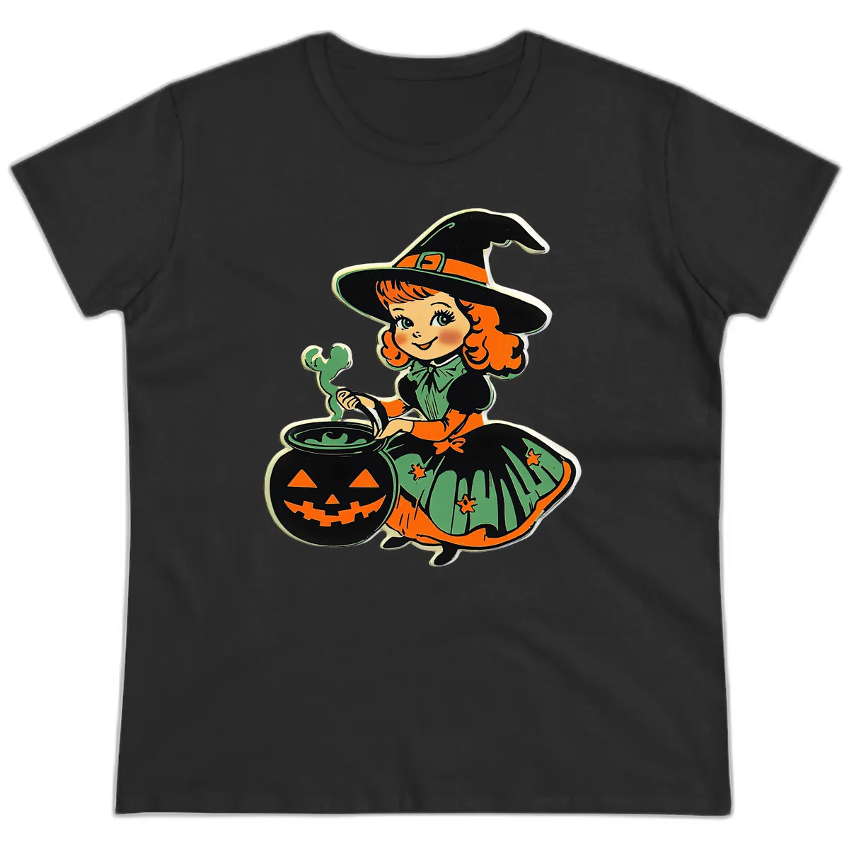 Cute Little Witch Brewing Potion Ladies Tee in Black