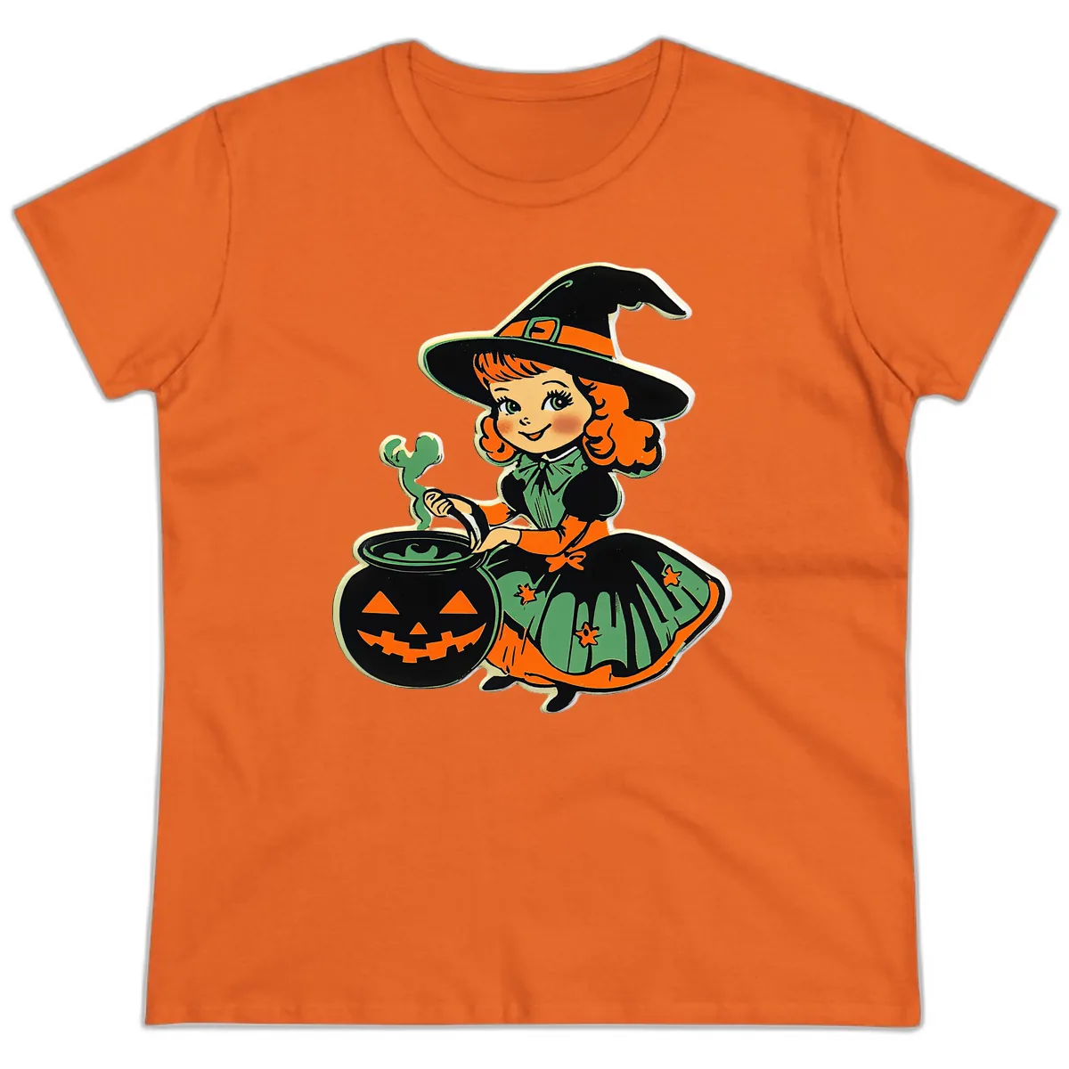 Cute Little Witch Brewing Potion Ladies Tee in Orange
