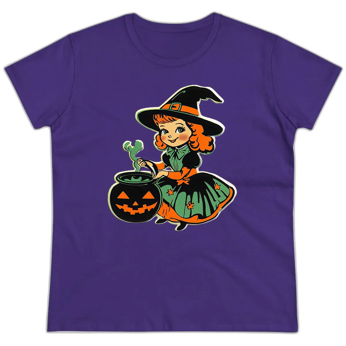 Cute Little Witch Brewing Potion Ladies Tee in Purple