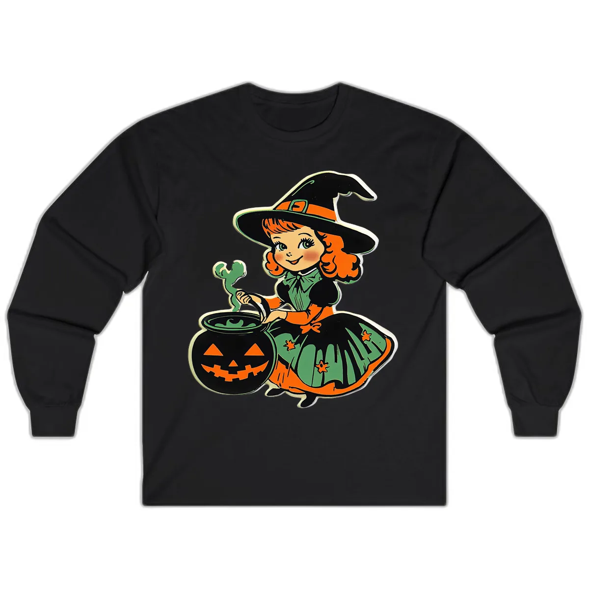 Cute Little Witch Brewing Potion Long Sleeve in Black