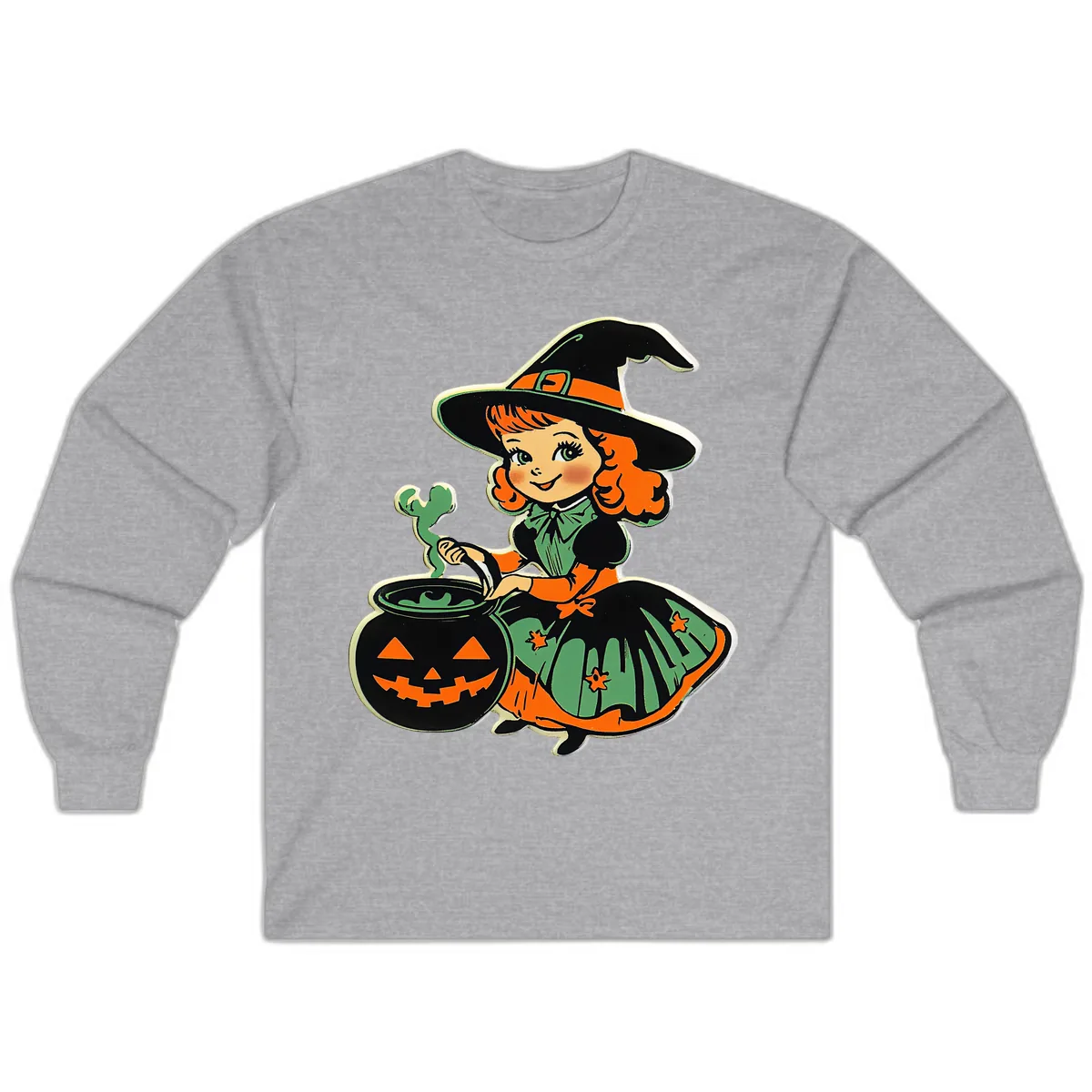 Cute Little Witch Brewing Potion Long Sleeve in Sport Grey