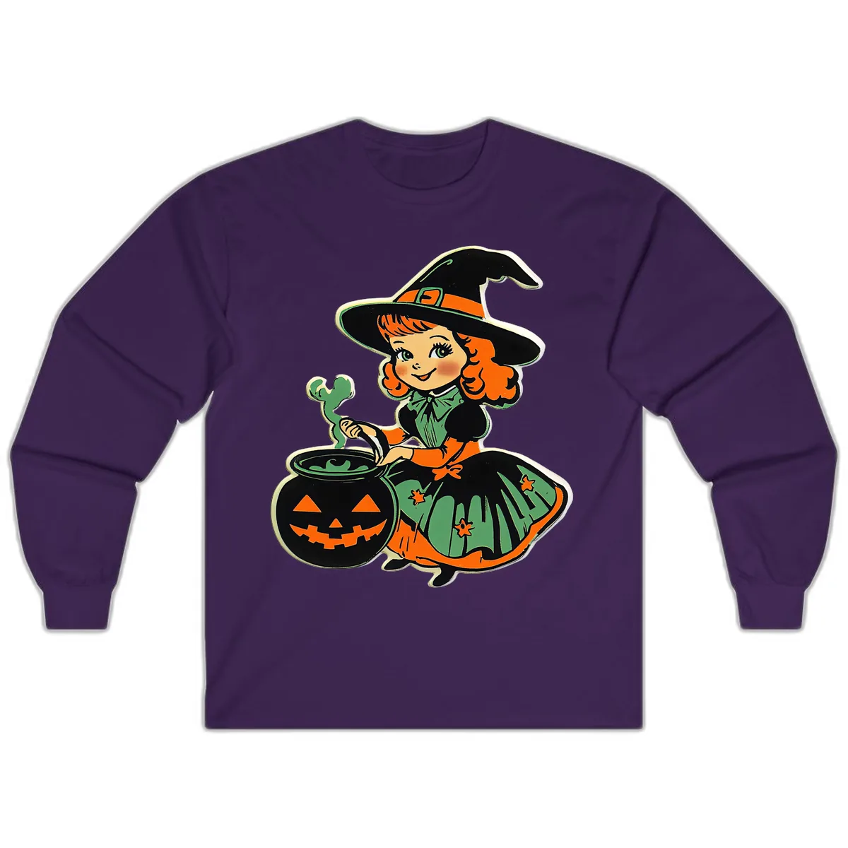 Cute Little Witch Brewing Potion Long Sleeve in Purple