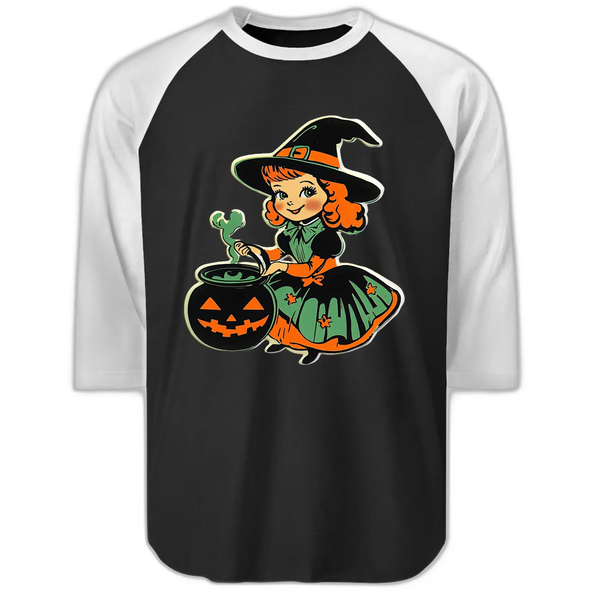 Cute Little Witch Brewing Potion Raglan 3/4 in Black White