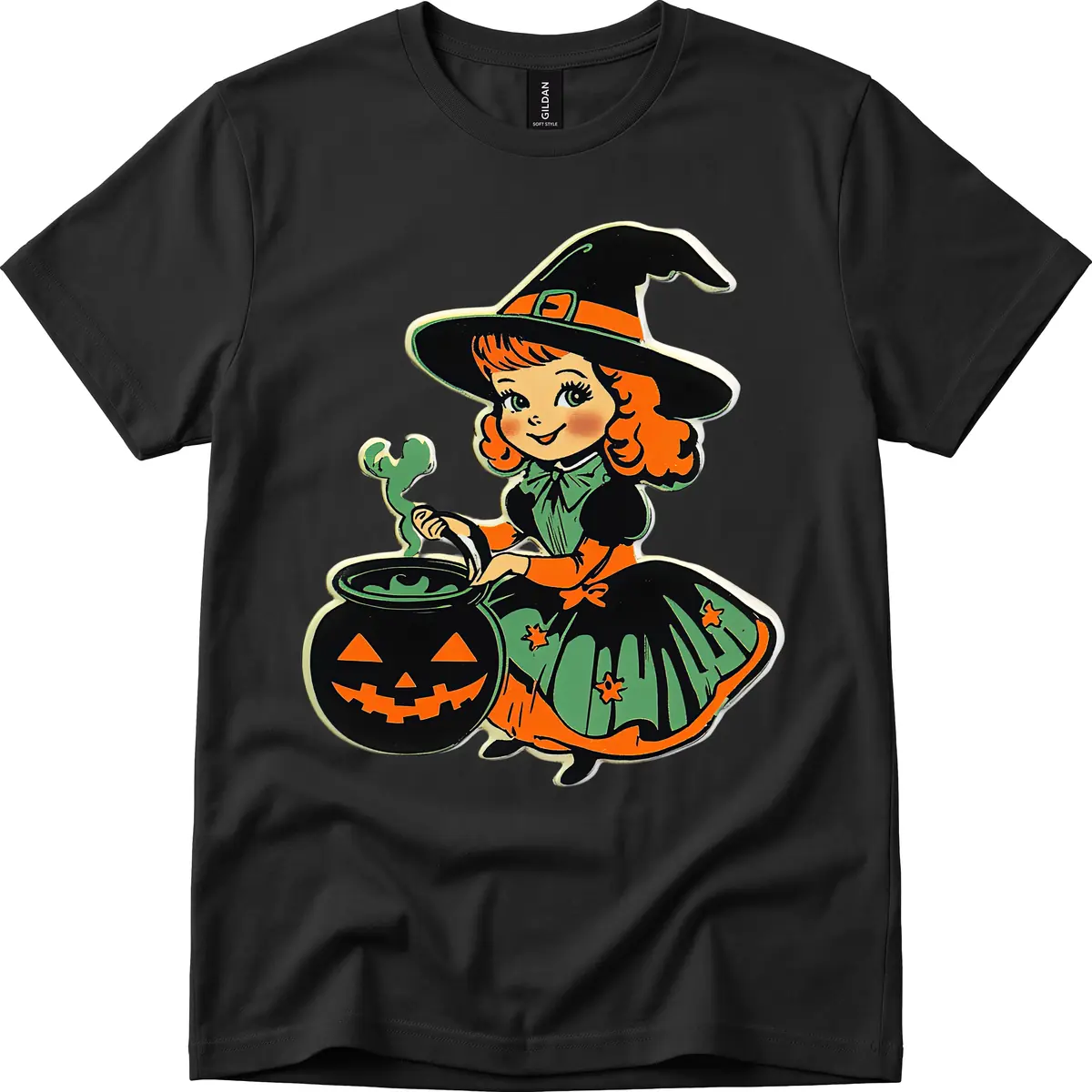 Cute Little Witch Brewing Potion T-Shirt in Black