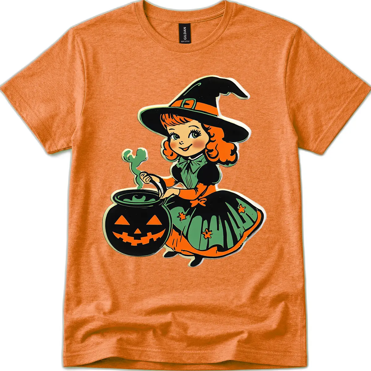 Cute Little Witch Brewing Potion T-Shirt in Heather Orange