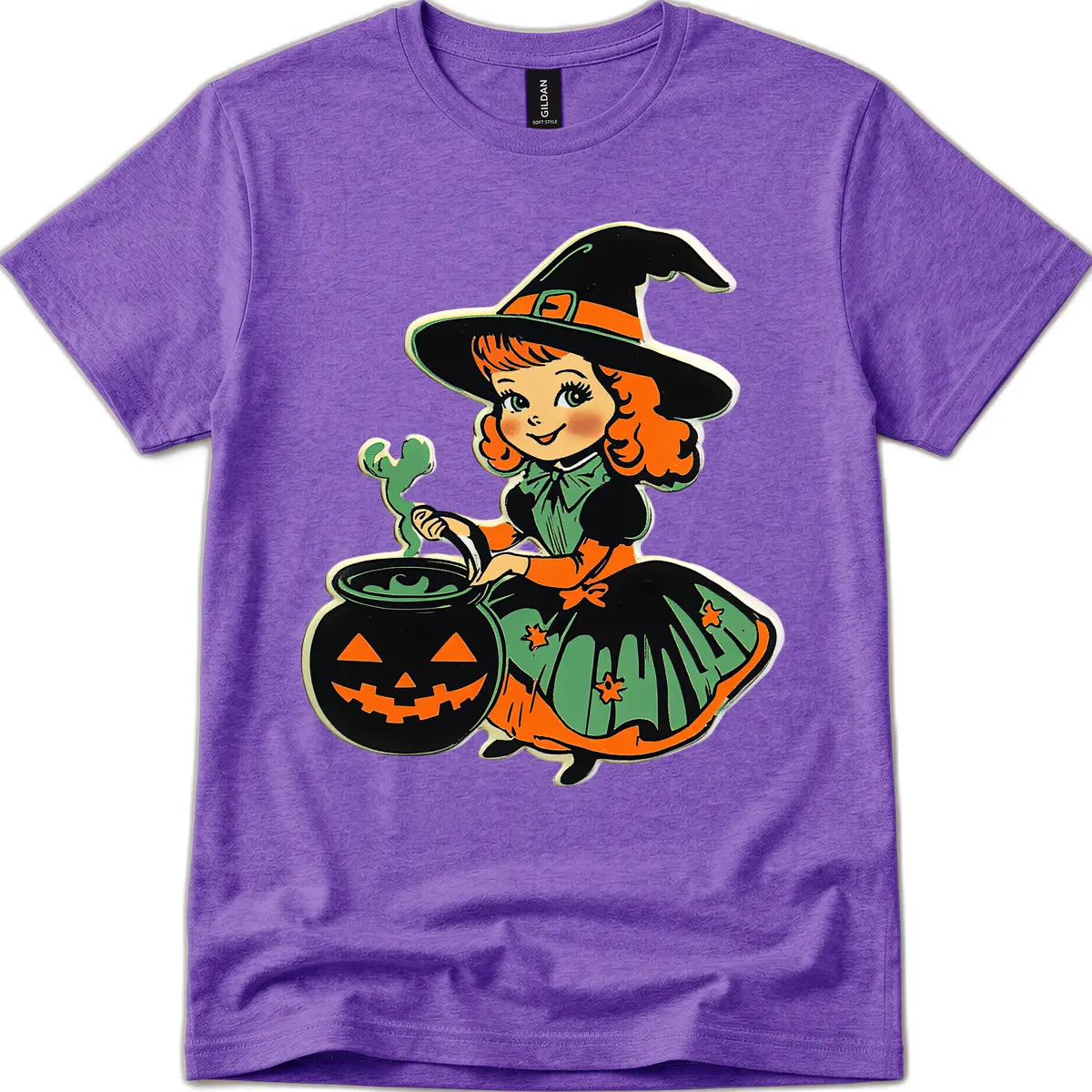 Cute Little Witch Brewing Potion T-Shirt in Heather Purple
