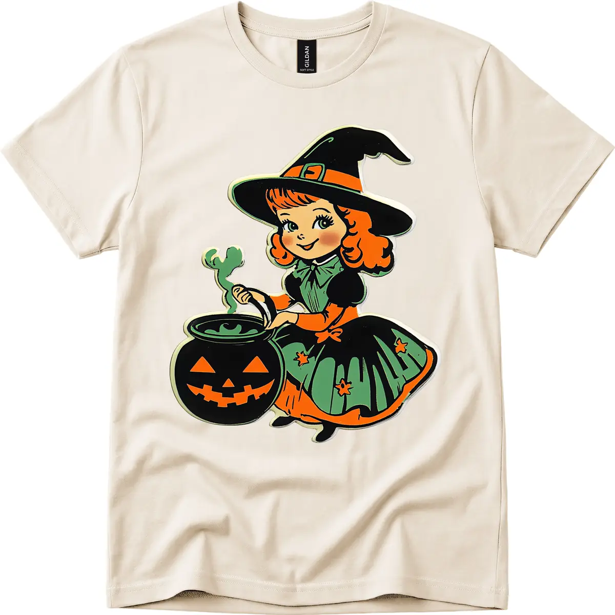 Cute Little Witch Brewing Potion T-Shirt in Natural
