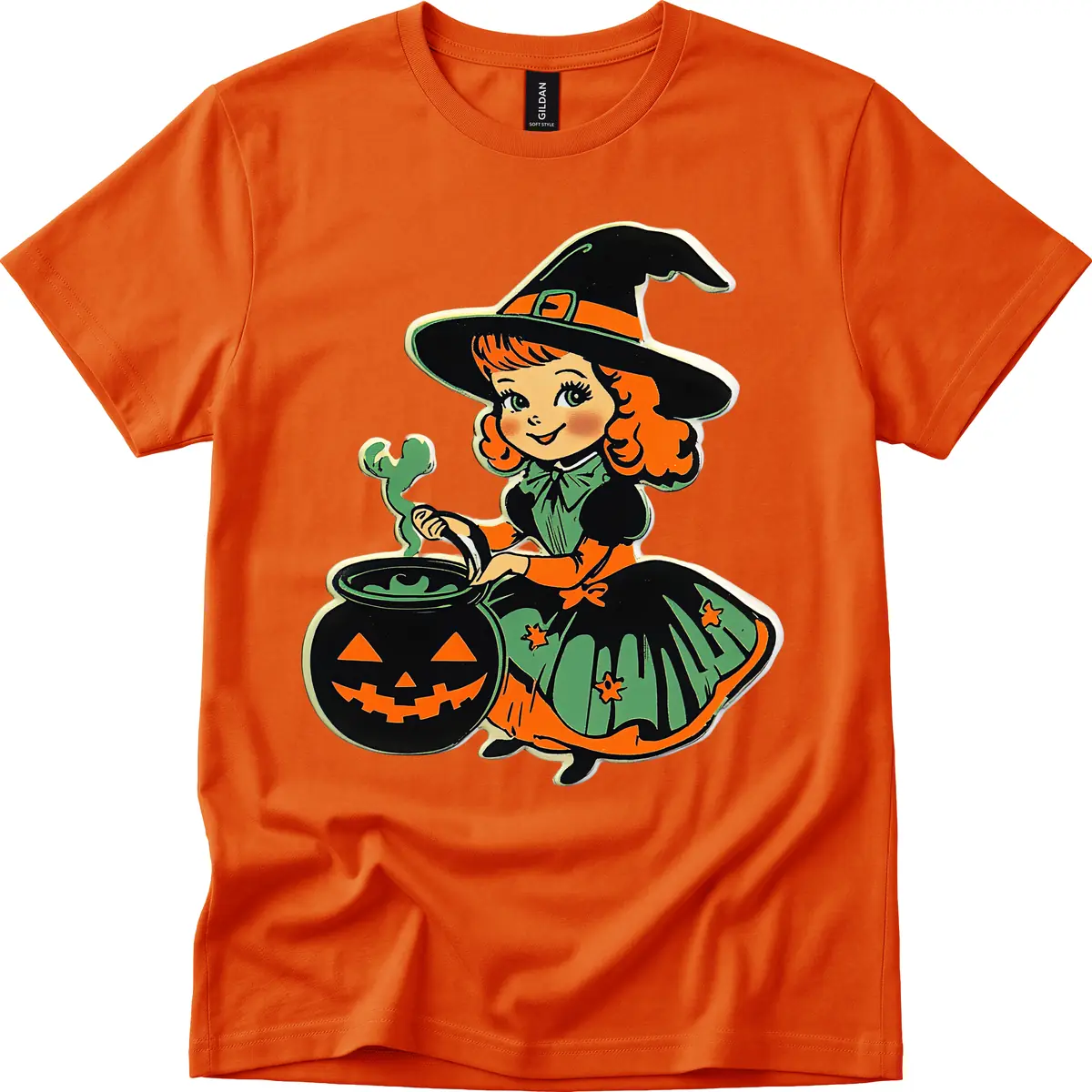 Cute Little Witch Brewing Potion T-Shirt in Orange