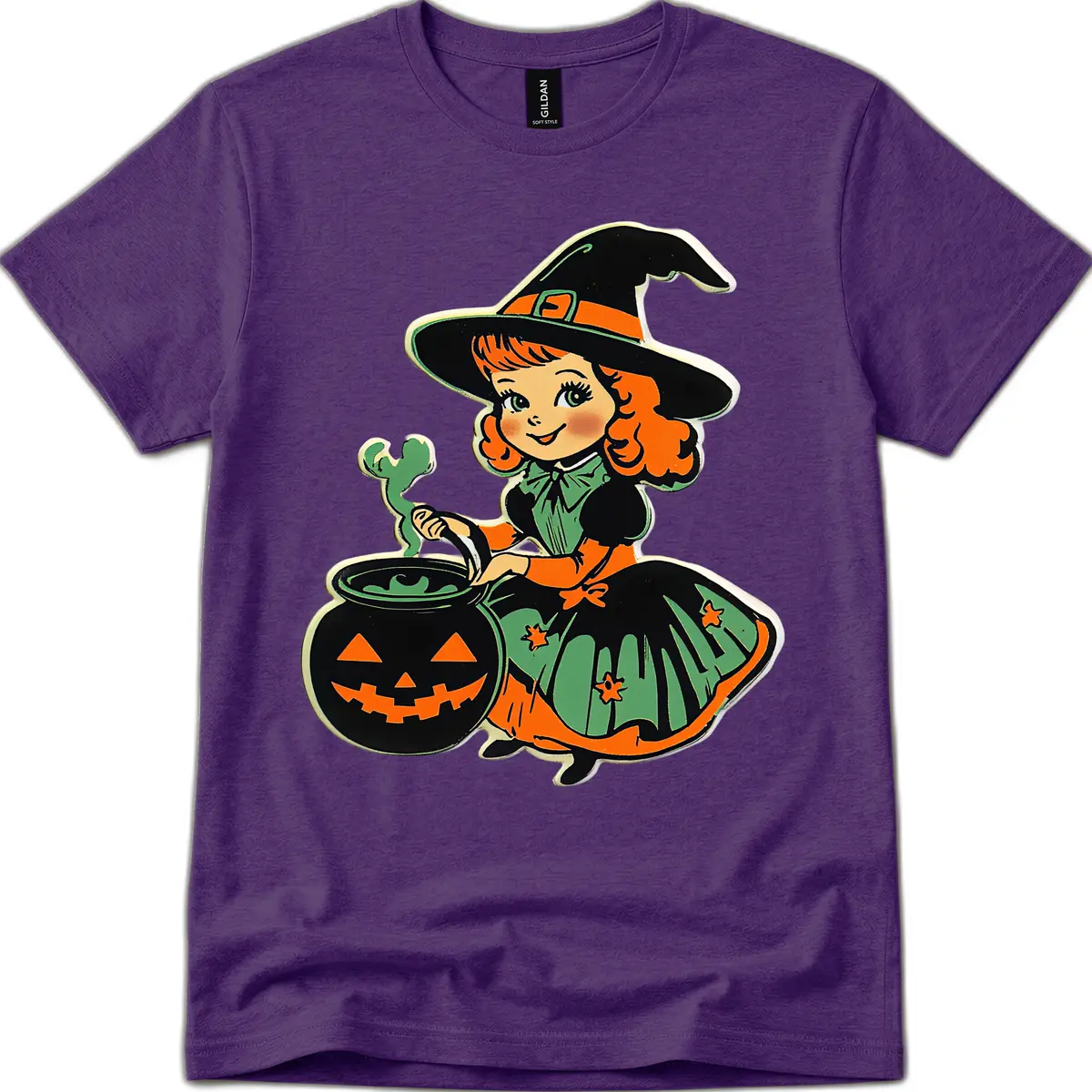 Cute Little Witch Brewing Potion T-Shirt in Purple