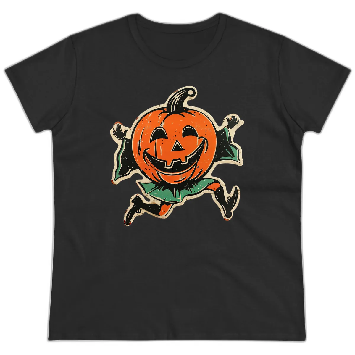 Happy Running Jack-o'-Lantern Ladies Tee in Black