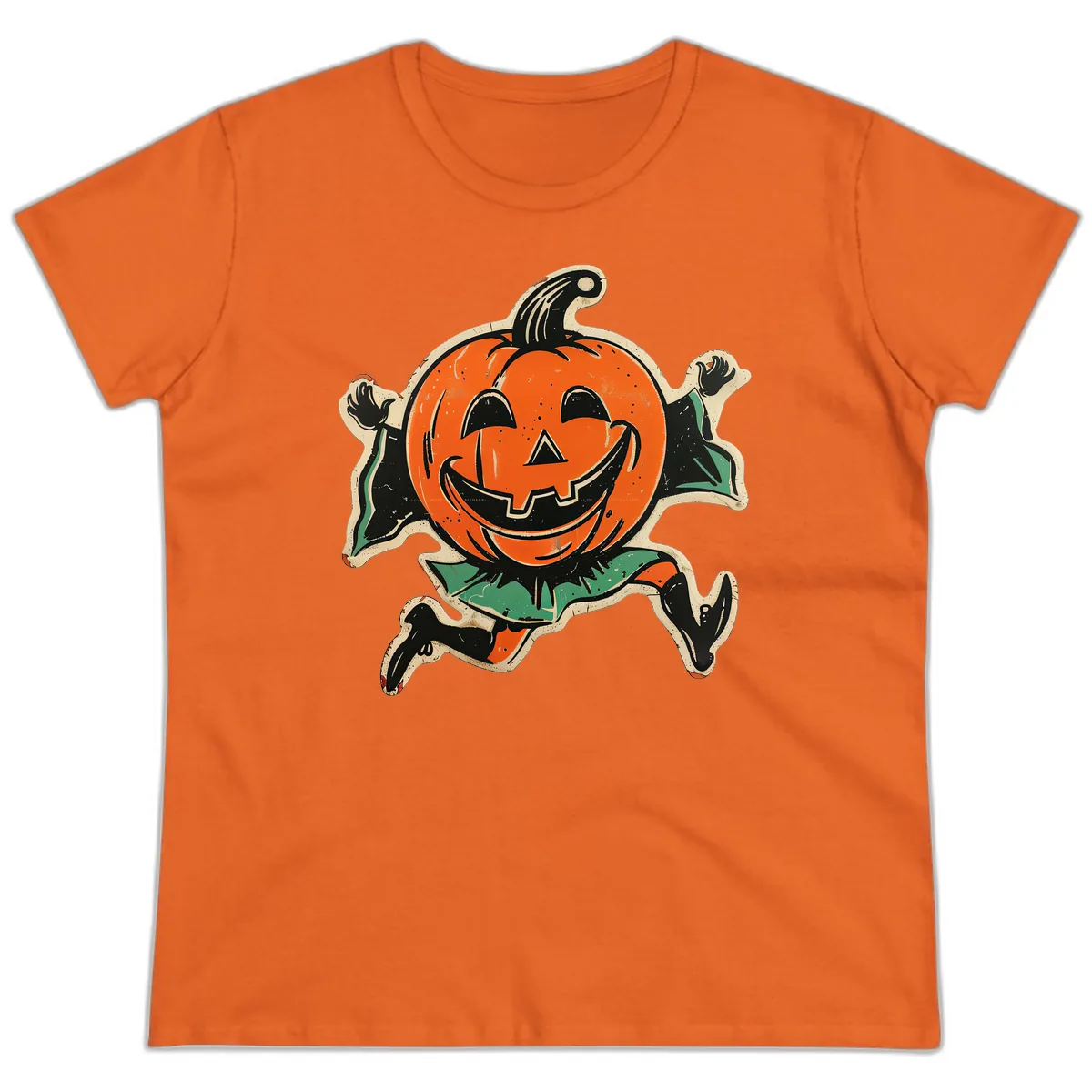 Happy Running Jack-o'-Lantern Ladies Tee in Orange
