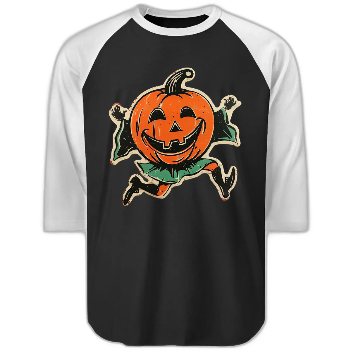 Happy Running Jack-o'-Lantern Raglan 3/4 in Black White