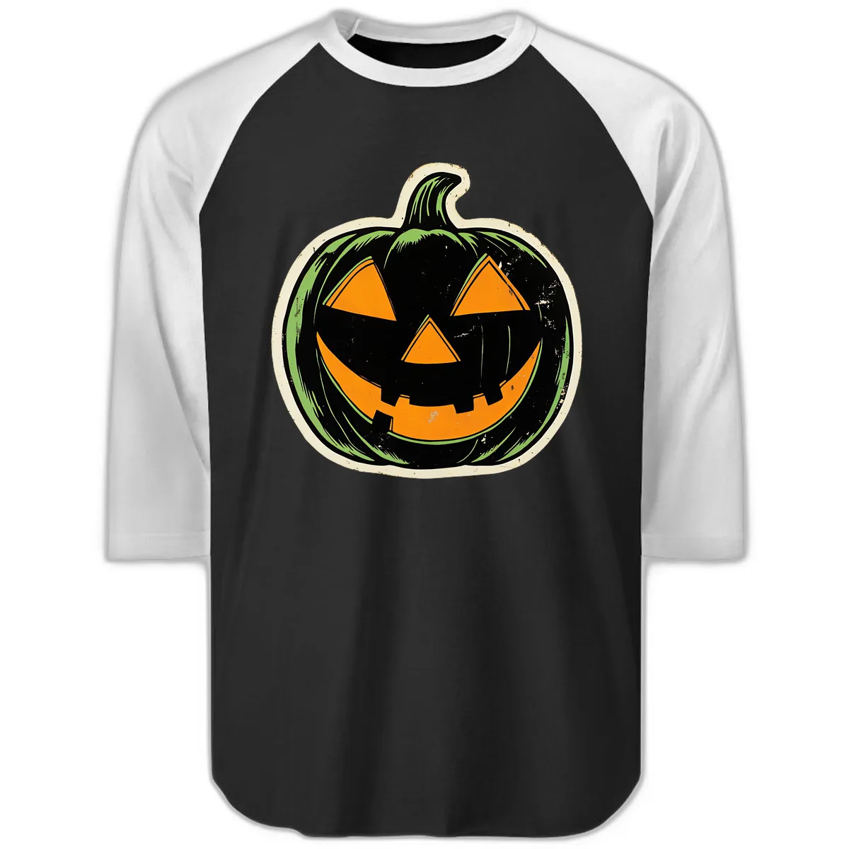 Vintage Jack-O'-Lantern Halloween Sign Raglan 3/4 in Black White