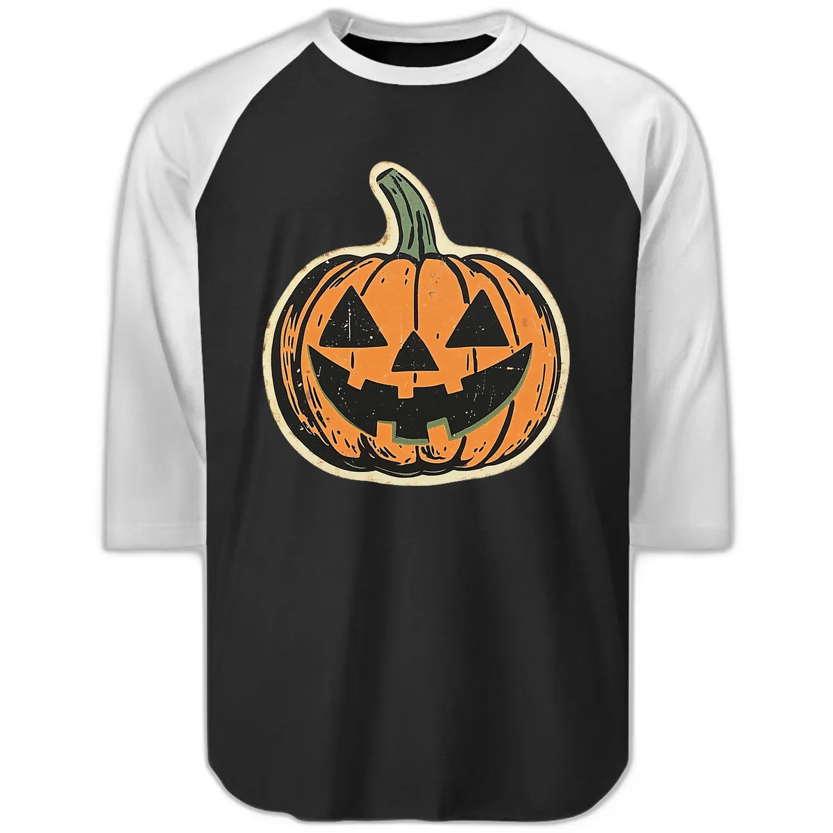 Vintage Jack-o'-Lantern Halloween Cutout Raglan 3/4 in Black White