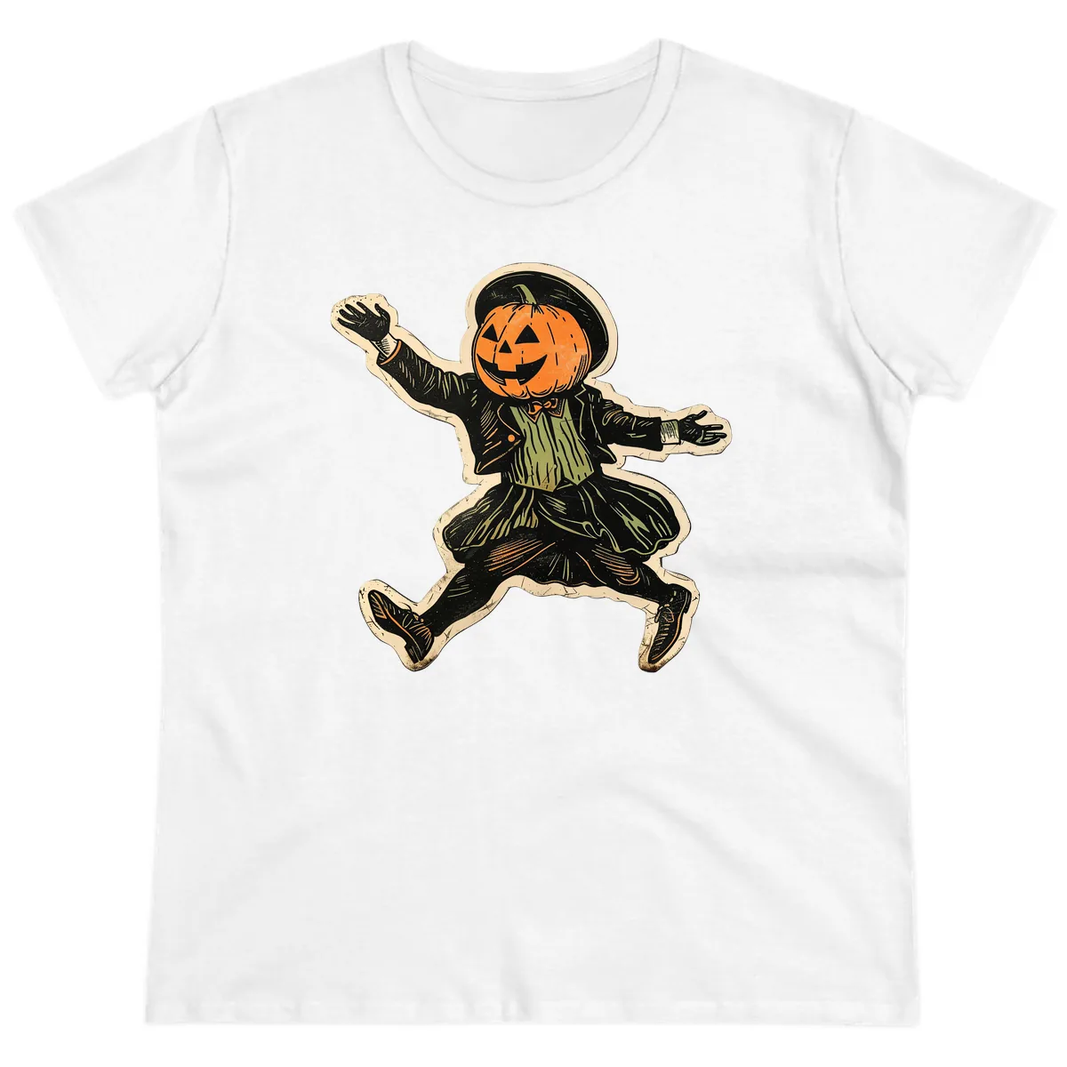 Dancing Pumpkin Man Halloween Ladies Tee in White