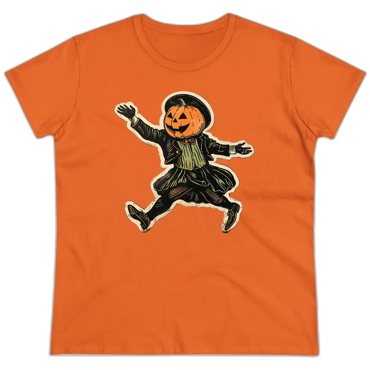 Dancing Pumpkin Man Halloween Ladies Tee in Orange