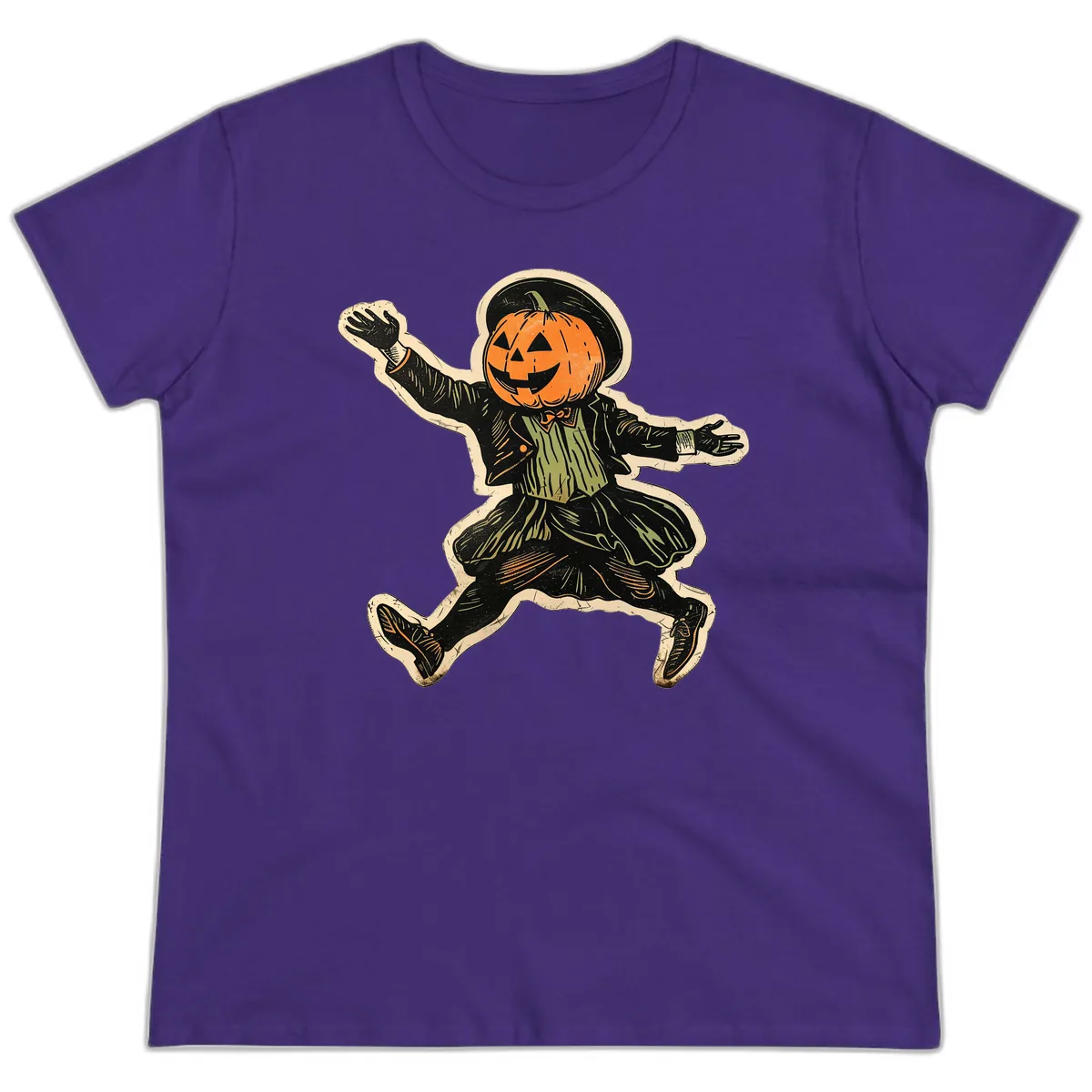 Dancing Pumpkin Man Halloween Ladies Tee in Purple