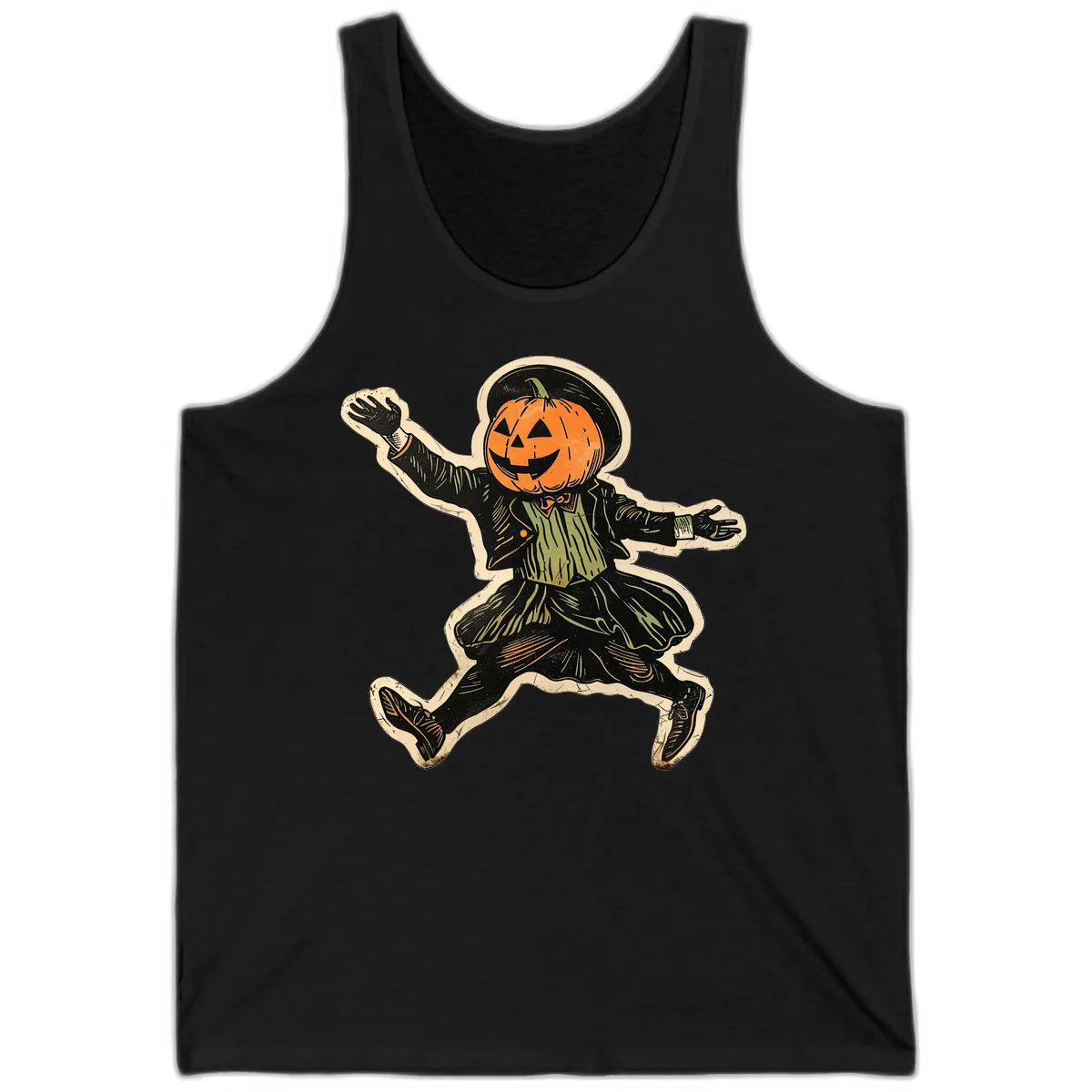 Dancing Pumpkin Man Halloween Tank in Black