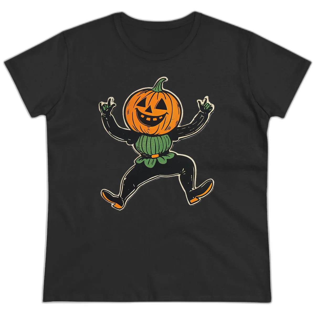 Dancing Jack-o'-Lantern Halloween Character Ladies Tee in Black