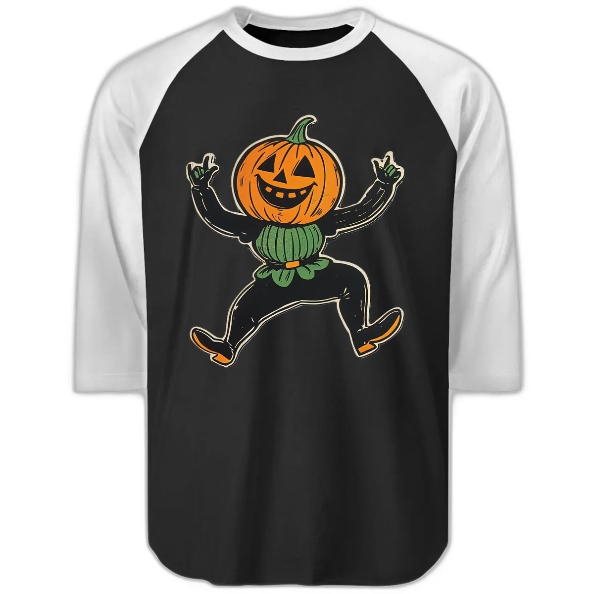 Dancing Jack-o'-Lantern Halloween Character Raglan 3/4 in Black White