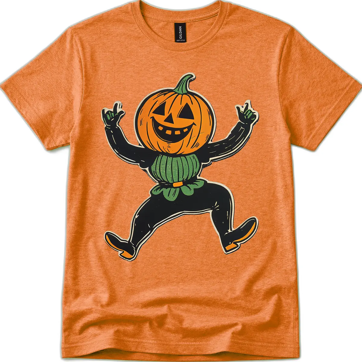 Dancing Jack-o'-Lantern Halloween Character T-Shirt in Heather Orange