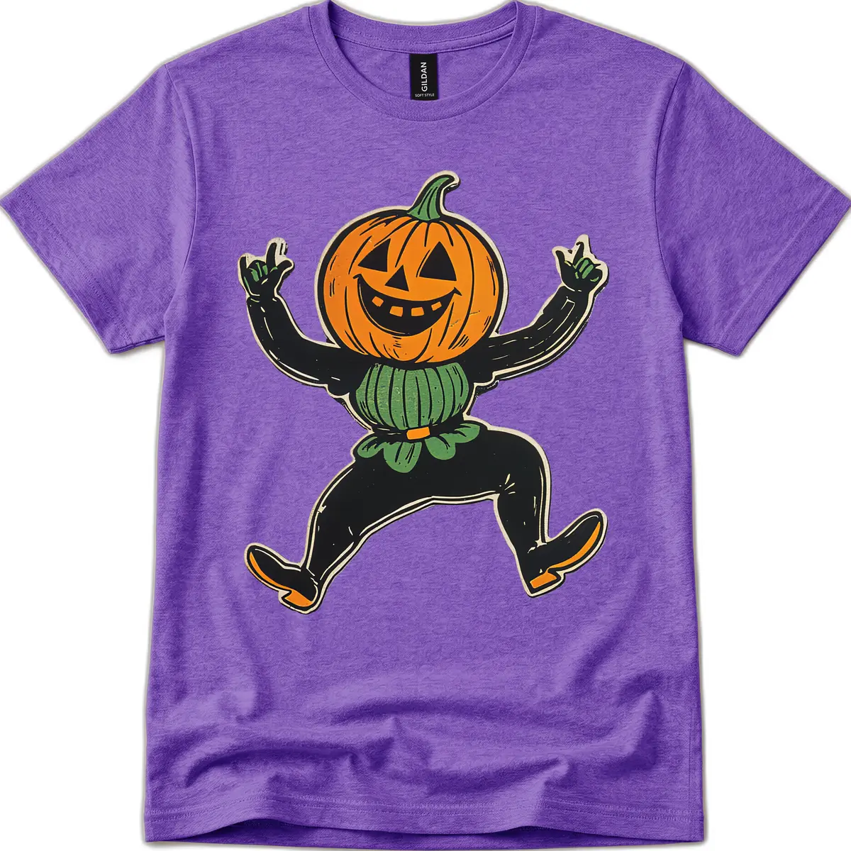 Dancing Jack-o'-Lantern Halloween Character T-Shirt in Heather Purple
