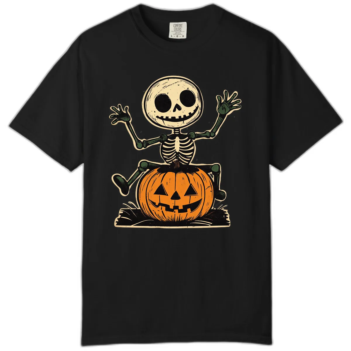 Spooky Skeleton Riding Pumpkin Comfort Color in Black