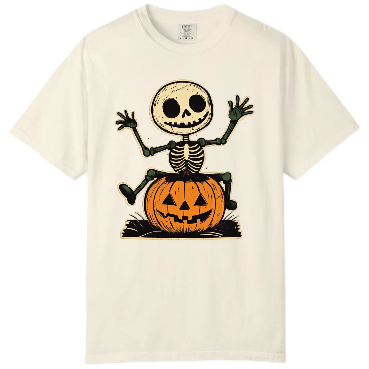 Spooky Skeleton Riding Pumpkin Comfort Color in Ivory