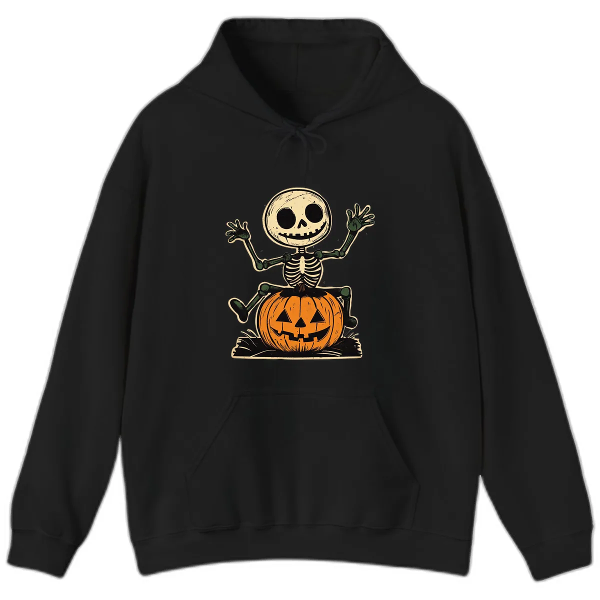 Spooky Skeleton Riding Pumpkin Hoodie in Black