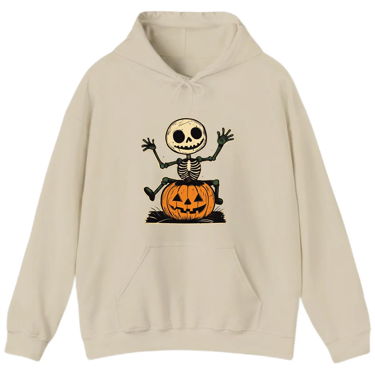 Spooky Skeleton Riding Pumpkin Hoodie in Sand