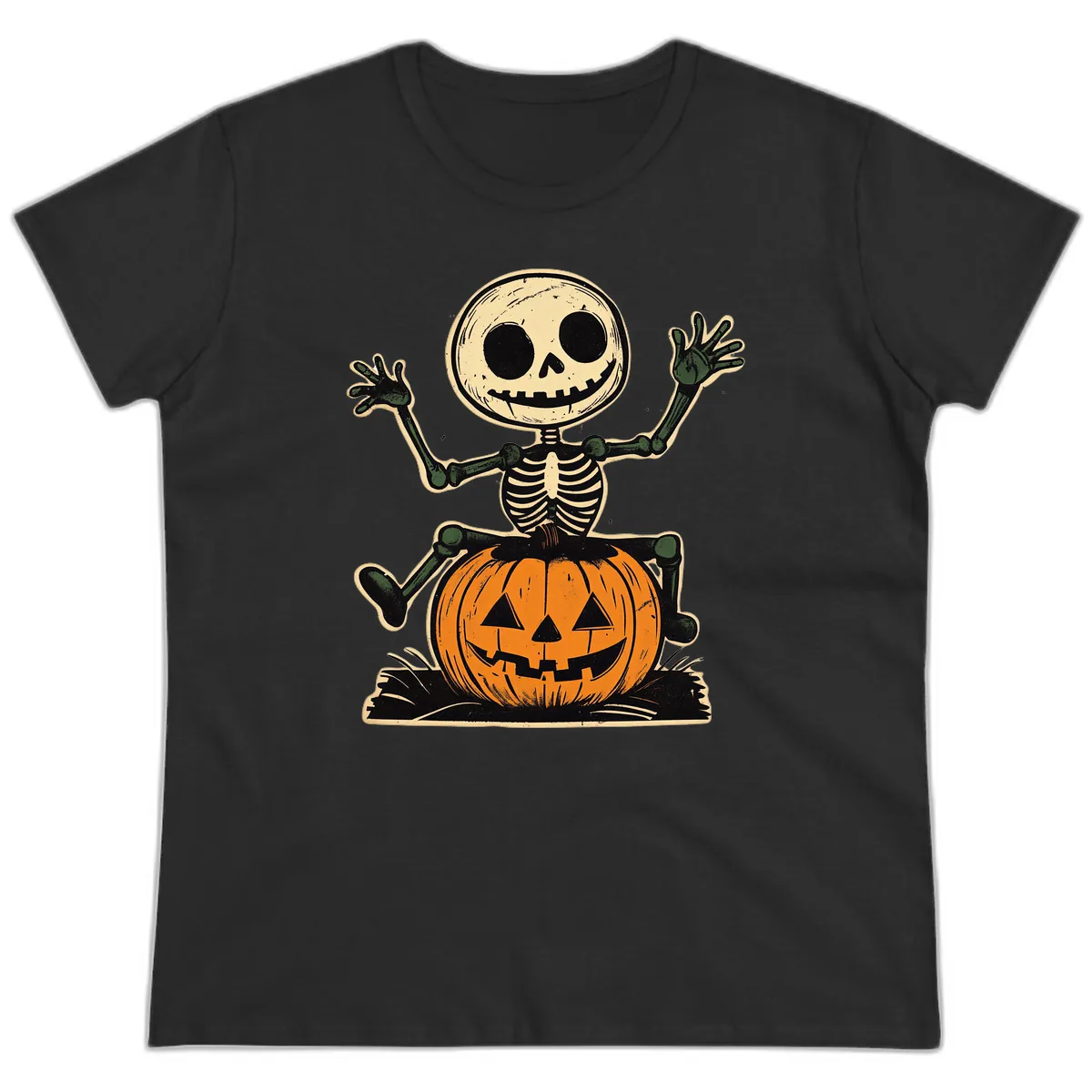 Spooky Skeleton Riding Pumpkin Ladies Tee in Black