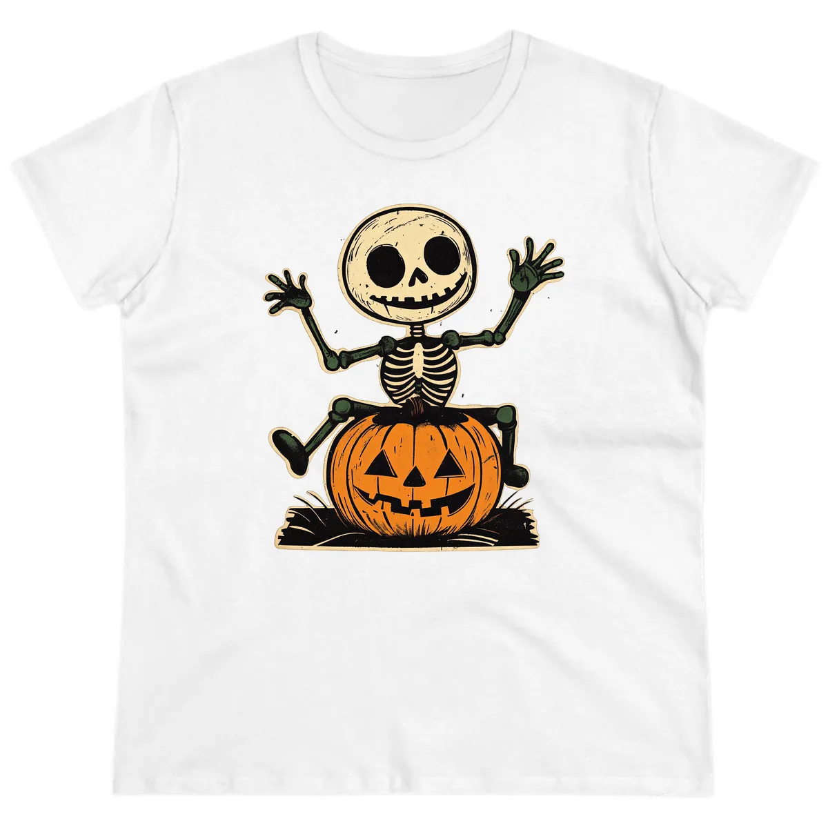 Spooky Skeleton Riding Pumpkin Ladies Tee in White