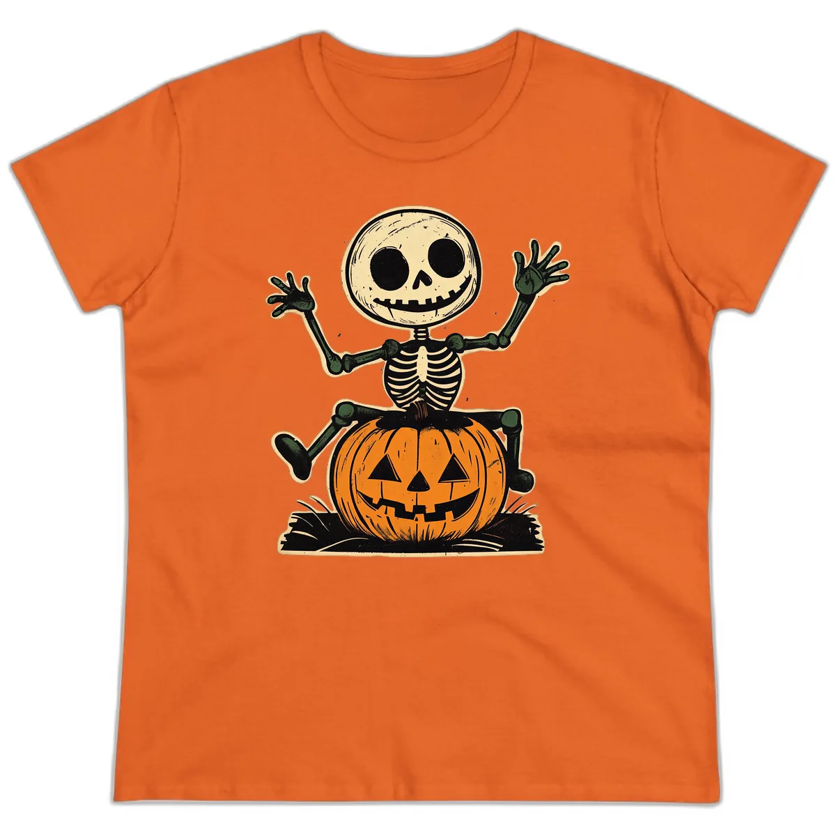 Spooky Skeleton Riding Pumpkin Ladies Tee in Orange