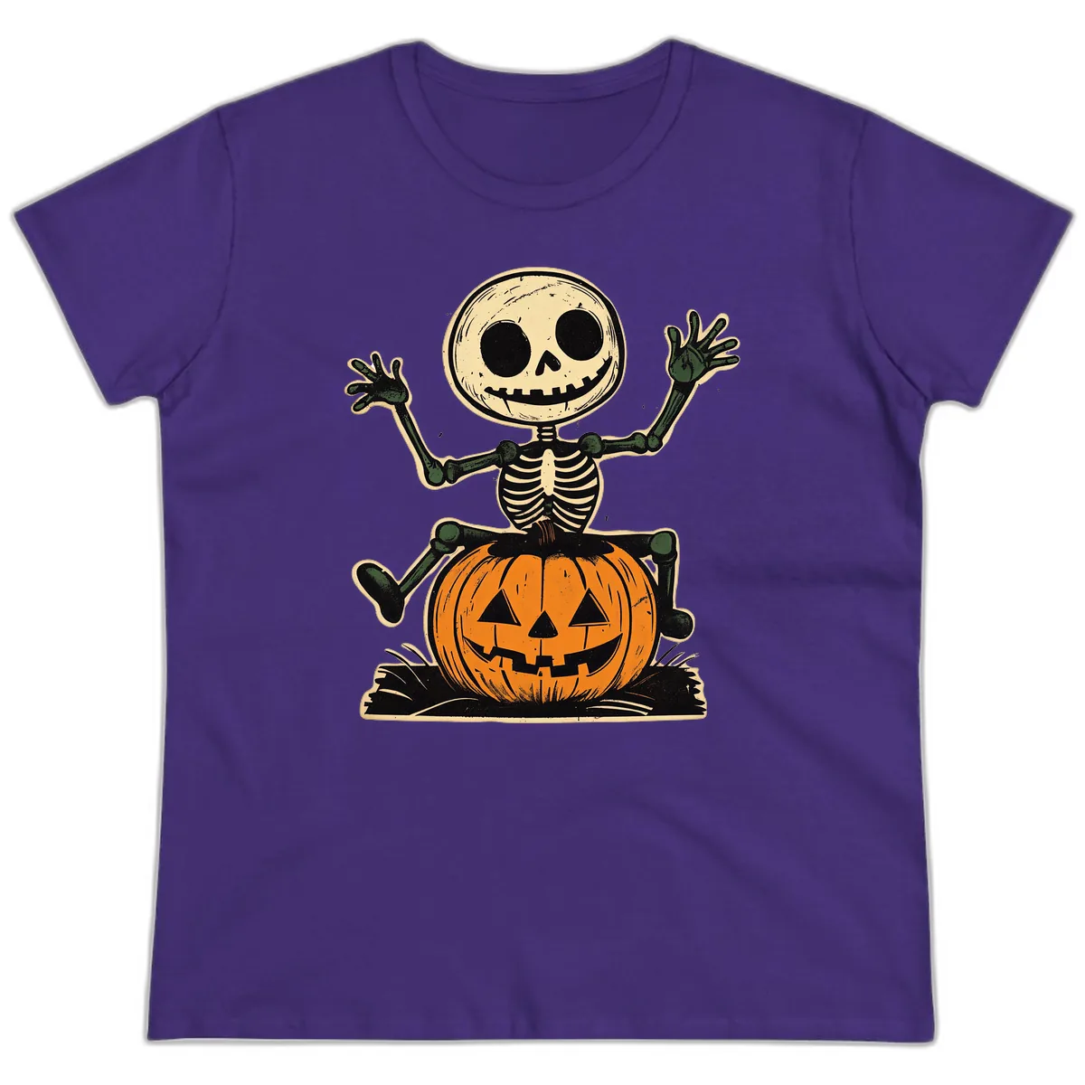 Spooky Skeleton Riding Pumpkin Ladies Tee in Purple