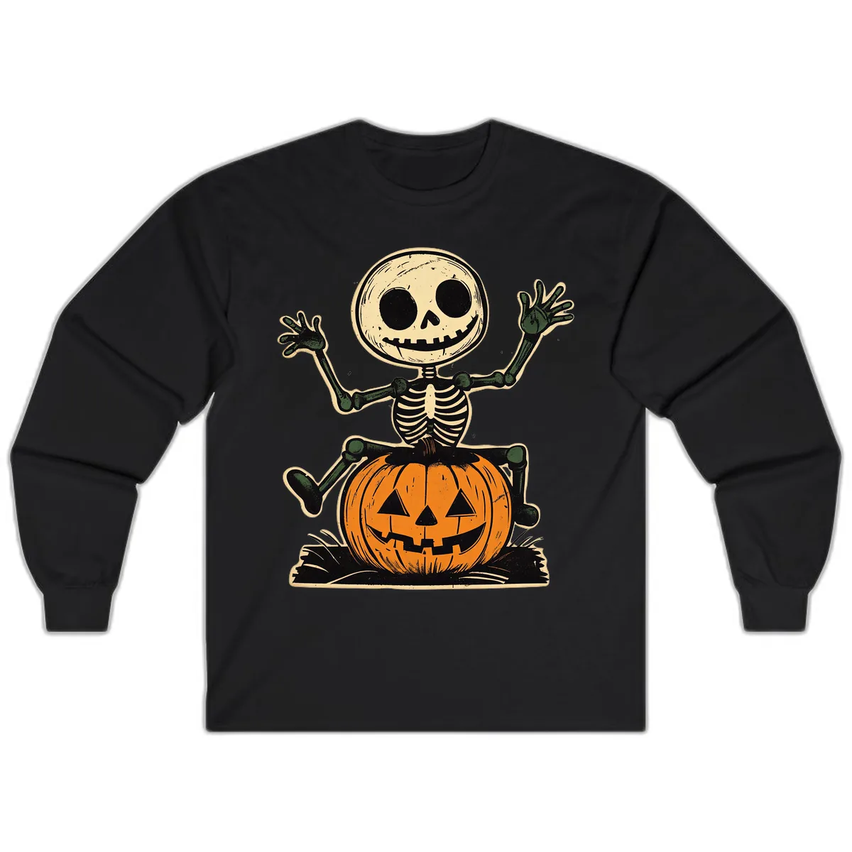 Spooky Skeleton Riding Pumpkin Long Sleeve in Black