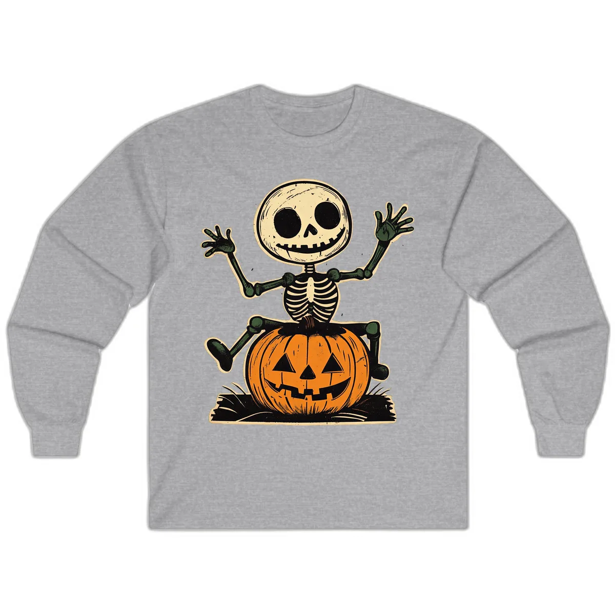Spooky Skeleton Riding Pumpkin Long Sleeve in Sport Grey