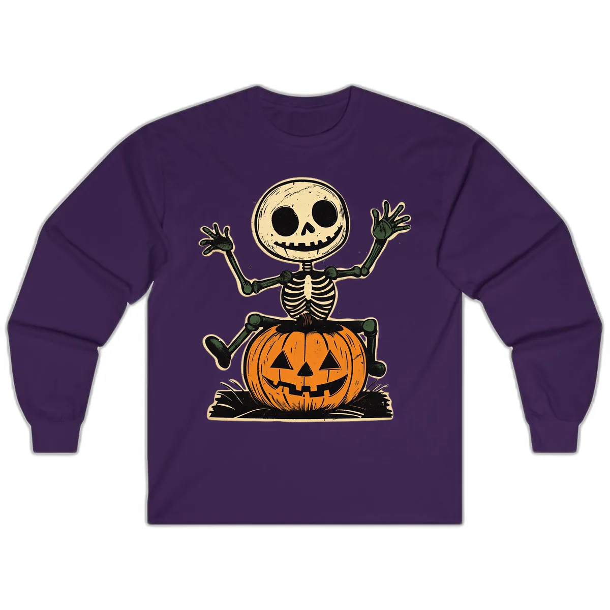 Spooky Skeleton Riding Pumpkin Long Sleeve in Purple