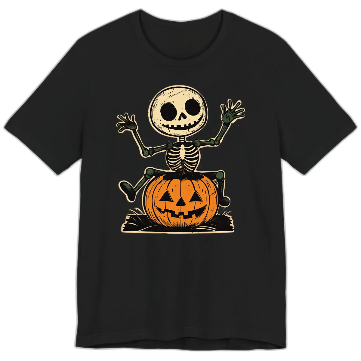 Spooky Skeleton Riding Pumpkin Premium T-Shirt in Black