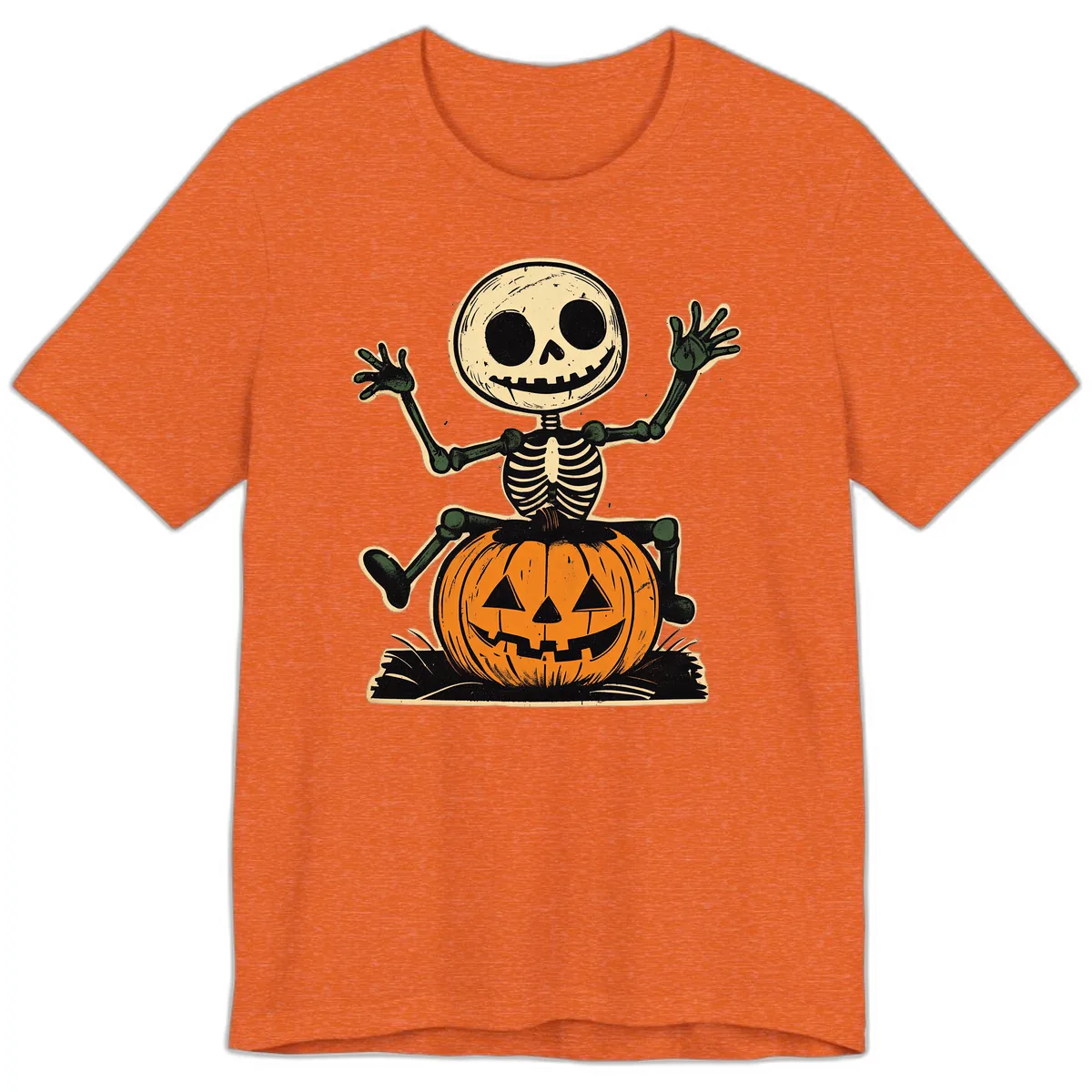Spooky Skeleton Riding Pumpkin Premium T-Shirt in Heather Orange
