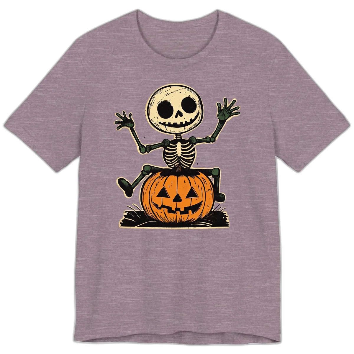 Spooky Skeleton Riding Pumpkin Premium T-Shirt in Heather Purple