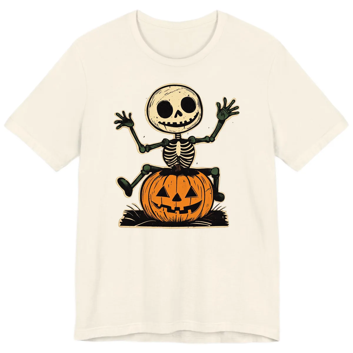 Spooky Skeleton Riding Pumpkin Premium T-Shirt in Natural
