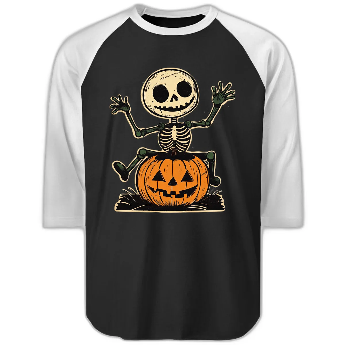 Spooky Skeleton Riding Pumpkin Raglan 3/4 in Black White