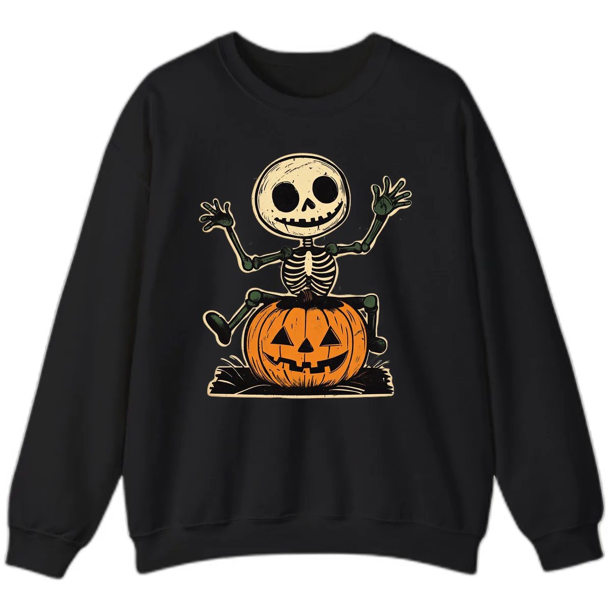 Spooky Skeleton Riding Pumpkin Sweatshirt in Black