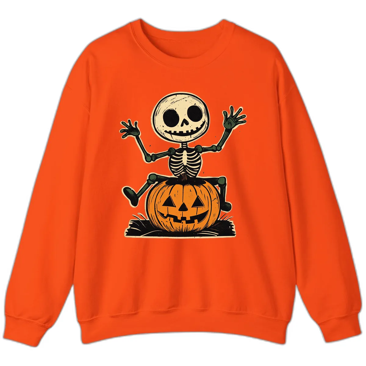 Spooky Skeleton Riding Pumpkin Sweatshirt in Orange