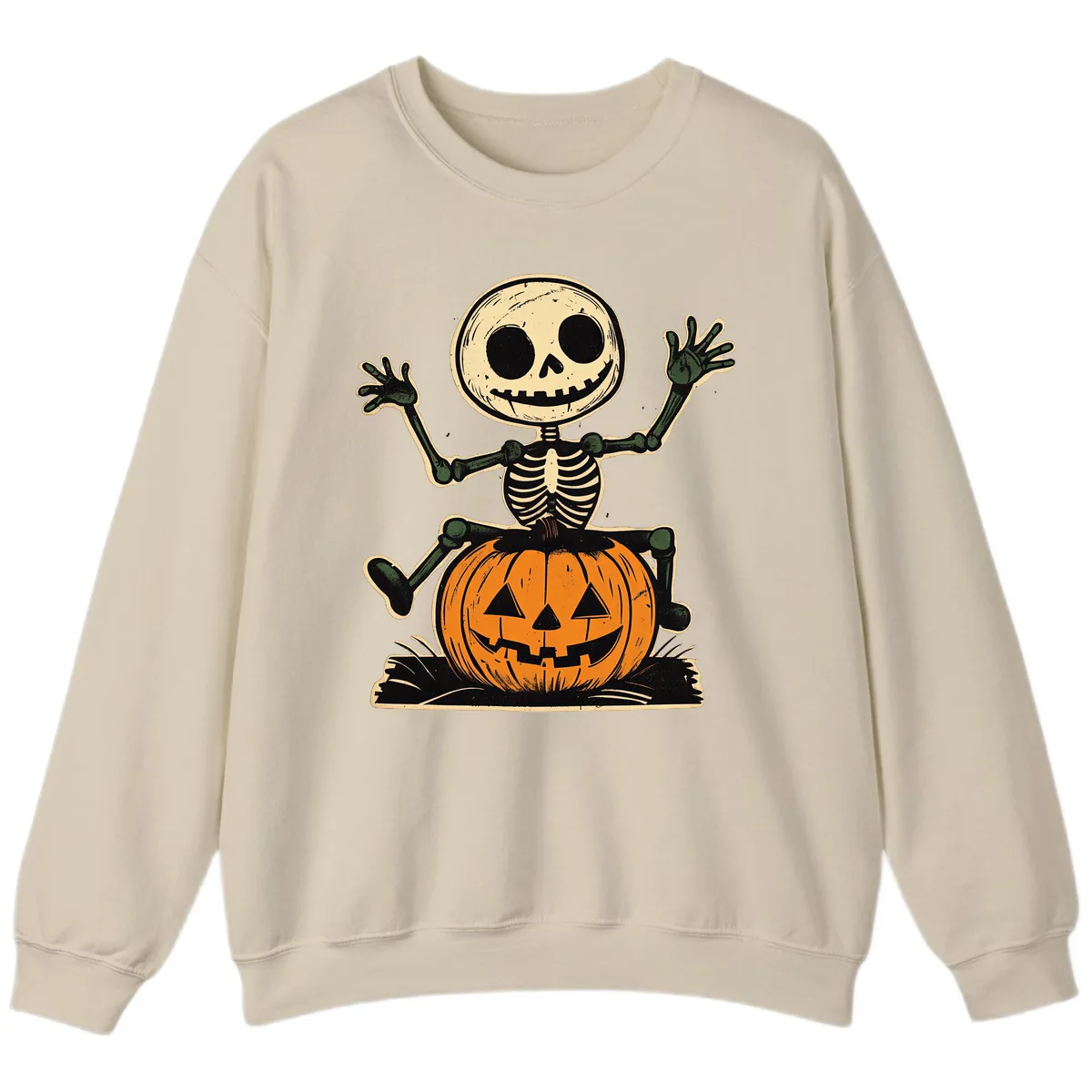 Spooky Skeleton Riding Pumpkin Sweatshirt in Sand