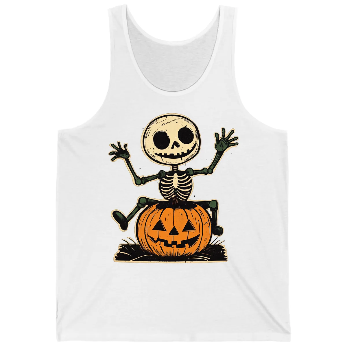 Spooky Skeleton Riding Pumpkin Tank in White