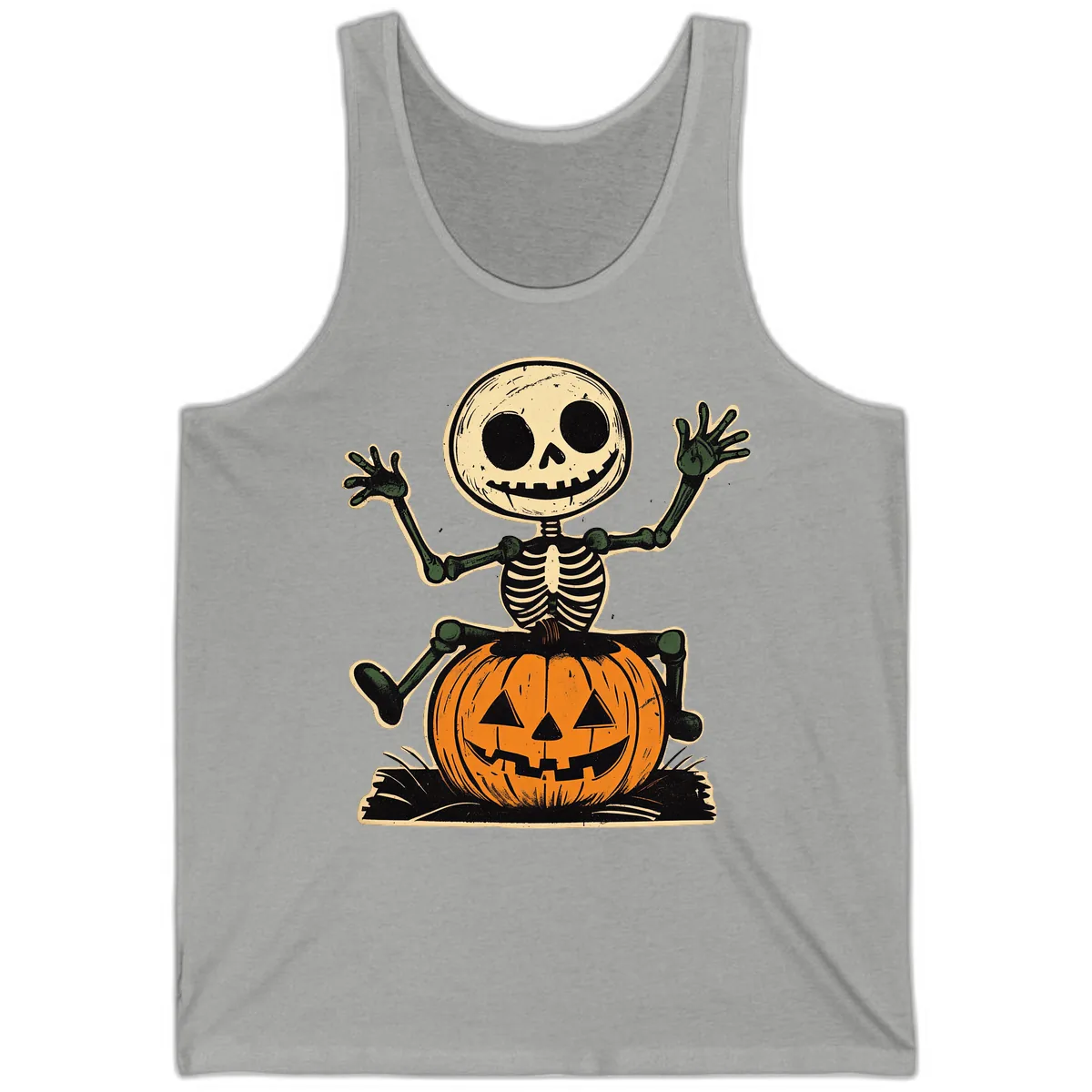Spooky Skeleton Riding Pumpkin Tank in Athletic Heather