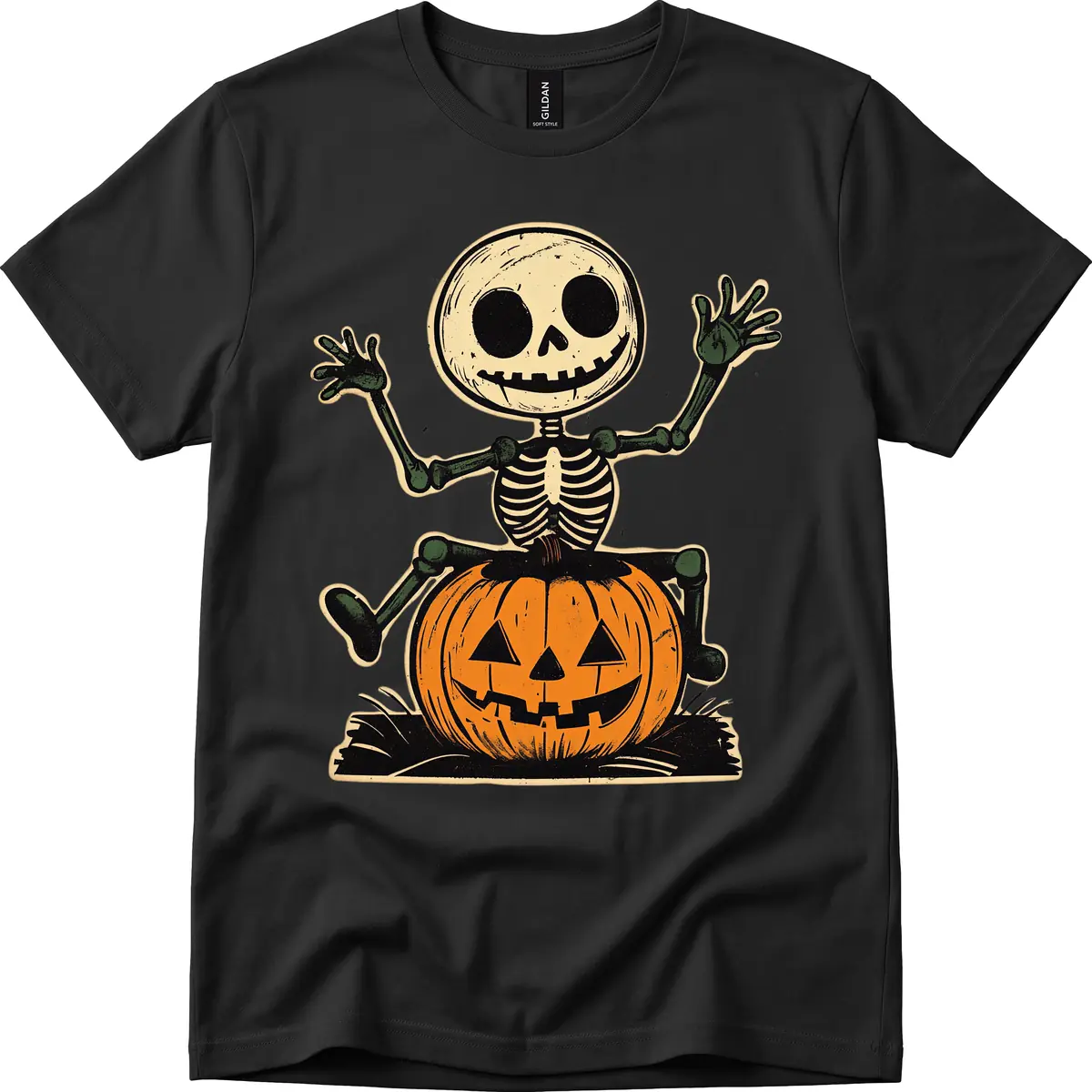 Spooky Skeleton Riding Pumpkin T-Shirt in Black
